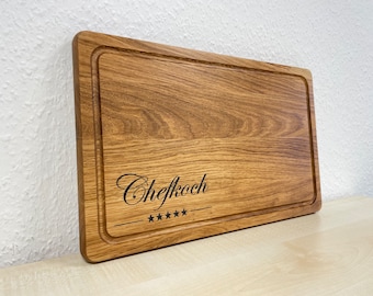 Graviertes Schneidebrett Chefkoch, Schneidebrett aus Eiche oder Esche geölt, Küchenschneidebrett mit Lasergravur, Küchenbrett Holz