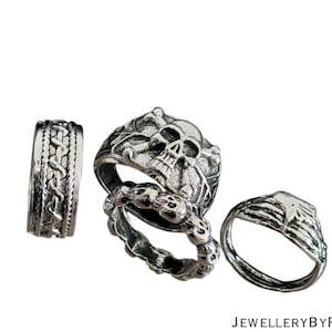Gotische schedelringset, 4-delige zilveren ringenset, stapel in punkstijl