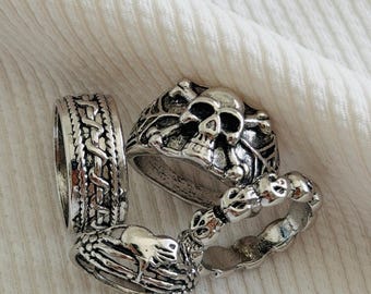 Ensemble de bagues tête de mort gothique, ensemble de 4 bagues en argent, style punk empilé