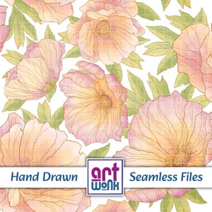 May include: A seamless pattern featuring hand-drawn flowers in shades of soft pink, peach, and yellow with green leaves on a white grid background. A central white banner displays the text "Hand Drawn" and "Seamless Files" with the logo "art wonk".