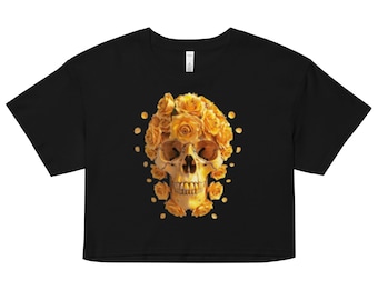 Top corto para mujer con calavera y rosa amarilla de Texas