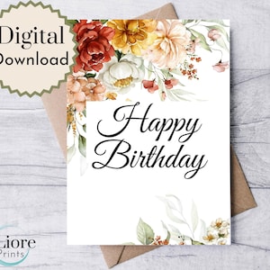 Biglietto di buon compleanno per lei, biglietto con fiori, happy bday, biglietto di download digitale B-Day, biglietto di compleanno scaricabile, biglietto di auguri stampabile