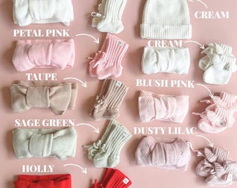newborn booties, matching hat, oversized bow headband, infant knitwear, birth announcement photoshoot, baby shower gift, coming home outfit