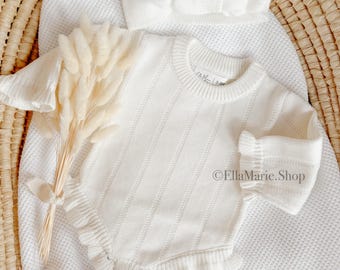 Newborn girl coming home outfit, knit baby girl bodysuit, frill ruffle romper, cotton bodysuit, baby shower gift, baptism christening outfit
