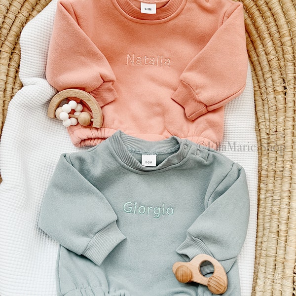 Personalized bubble romper newborn, embroidered oversized sweatshirt romper, custom name sweater toddler, pregnancy announcement baby reveal