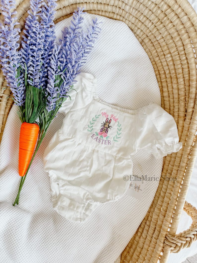Baby Girl Easter Outfit, Easter Romper Toddler, Bunny Rabbit, Bow Headband, My First Easter, Blue and pink Romper, Happy Easter, Spring Gift
