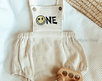 One Happy Dude Outfit, Birthday Romper Boy One Year Old, 1st Cake Smash Photoshoot, Embroidered Personalized, Smiley Face Groovy Retro Boho