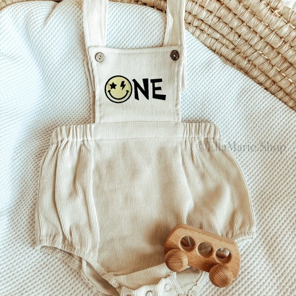 One Happy Dude Outfit, Birthday Romper Boy One Year Old, 1st Cake Smash Photoshoot, Embroidered Personalized, Smiley Face Groovy Retro Boho