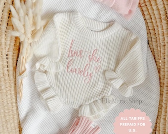 Newborn girl coming home outfit, isn’t she lovely baby romper embroidered bow knit ruffle announcement, it’s a girl gender reveal she’s here