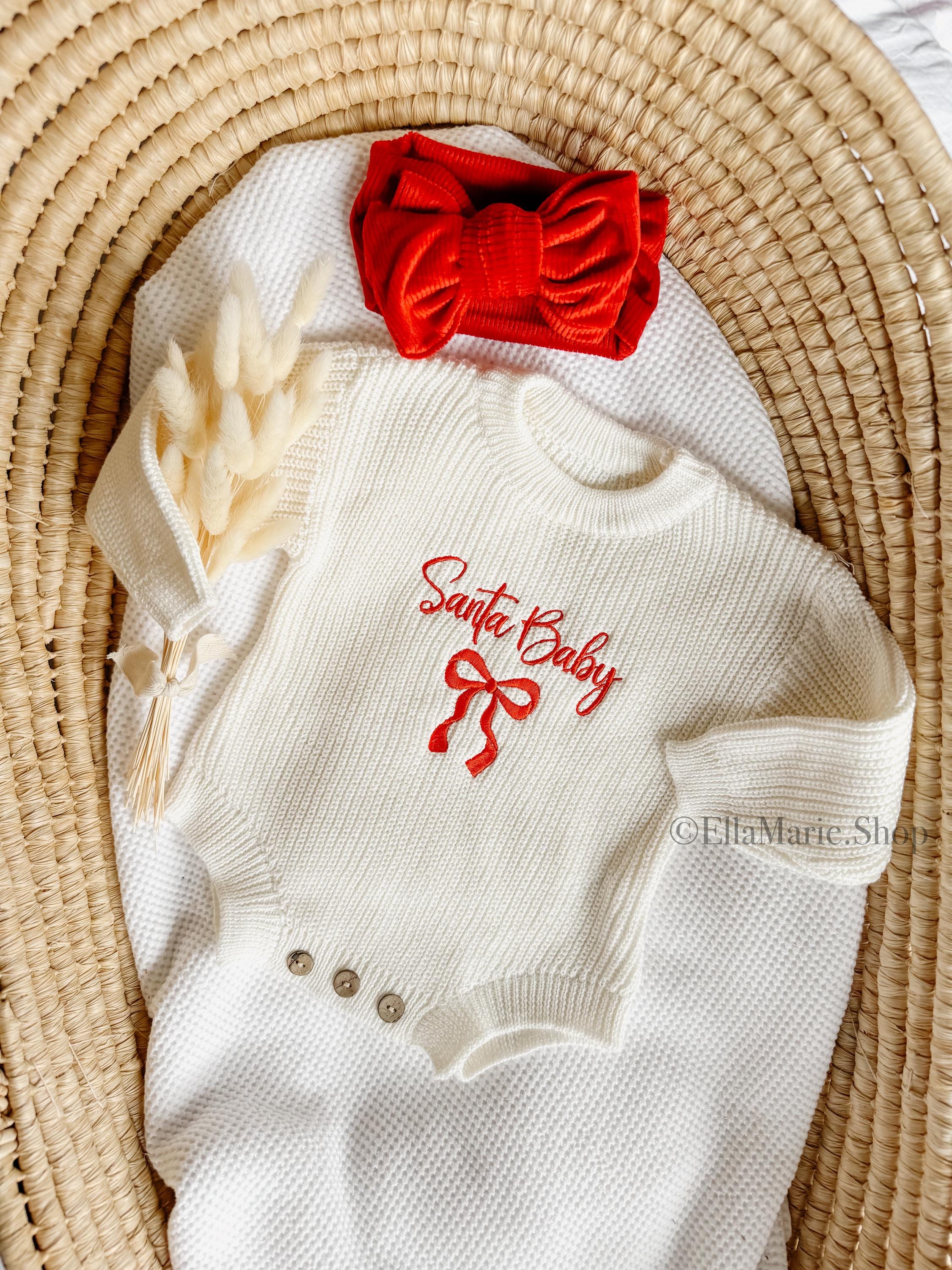 Newborn Baby Girl Christmas Sweater Romper - Santa Baby Bow Embroidery Knit Jumpsuit | My First Christmas Outfit