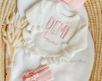 Embroidered name baby romper, newborn girl coming home knit ruffle outfit, custom chunky knit ribbed bodysuit, personalized baby shower gift