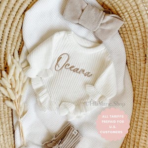 Embroidered name baby romper, newborn girl coming home knit ruffle outfit, custom chunky knit ribbed bodysuit, personalized baby shower gift