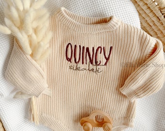 Embroidered baby name sweater, oversized chunky knit jumper, baby name announcement, personalized baby shower gift, toddler infant child kid