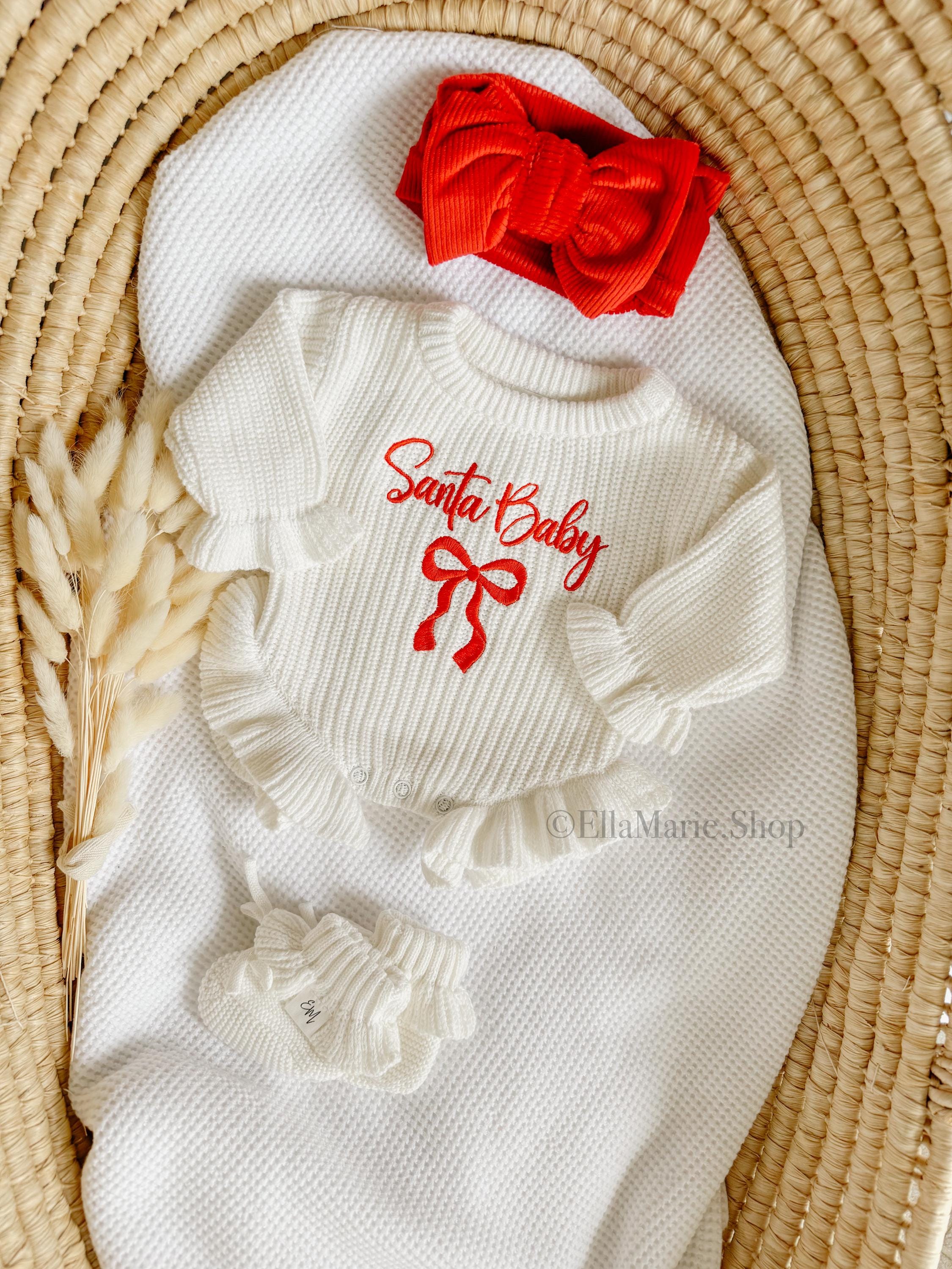 Christmas Outfit Baby Girl, Santa Baby, Bow Knit Sweater Romper, Holiday Photoshoot, Embroidered Coming Home Set, Newborn Infant Toddler,