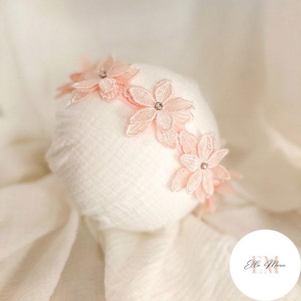 Floral Headband Baby Girl Tulle Rhinestone, Lace Crystal Flower Appliqué Headband, Embroidered Flower Crown, Infant Toddler Little Girl Boho