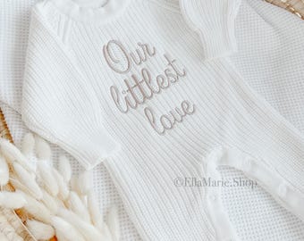 Baby Knit Jumpsuit, Embroidered Chunky Knit Ribbed, Our Littlest Love Newborn Coming Home Outfit, Sibling Announcement, Gender Neutral