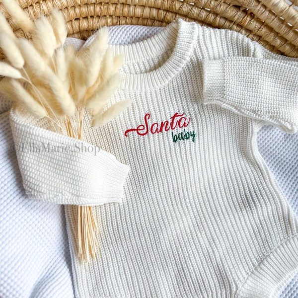 Christmas Outfit Baby Girl Boy, Santa Baby, Knit Sweater Romper, Holiday Photoshoot Sweater, Embroidered Baby Shower Gift Infant Toddler