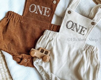 First Birthday Outfit Boy One Year Old, Baby Boy 1st Cake Smash Outfit Photoshoot, Overalls Romper, Embroidered Personalized One, Boho Brown