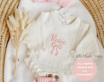 Newborn girl coming home outfit, knit baby announcement, ruffle romper bow embroidered name, personalized gender reveal baby shower gift