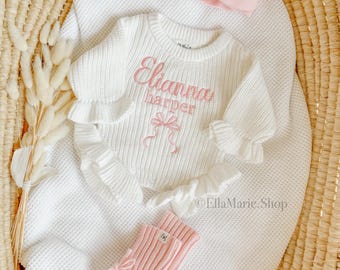 Baby Girl Ruffle Romper, embroidered name, newborn coming home outfit, personalized custom keepsake, chunky knit sweater romper, she’s here