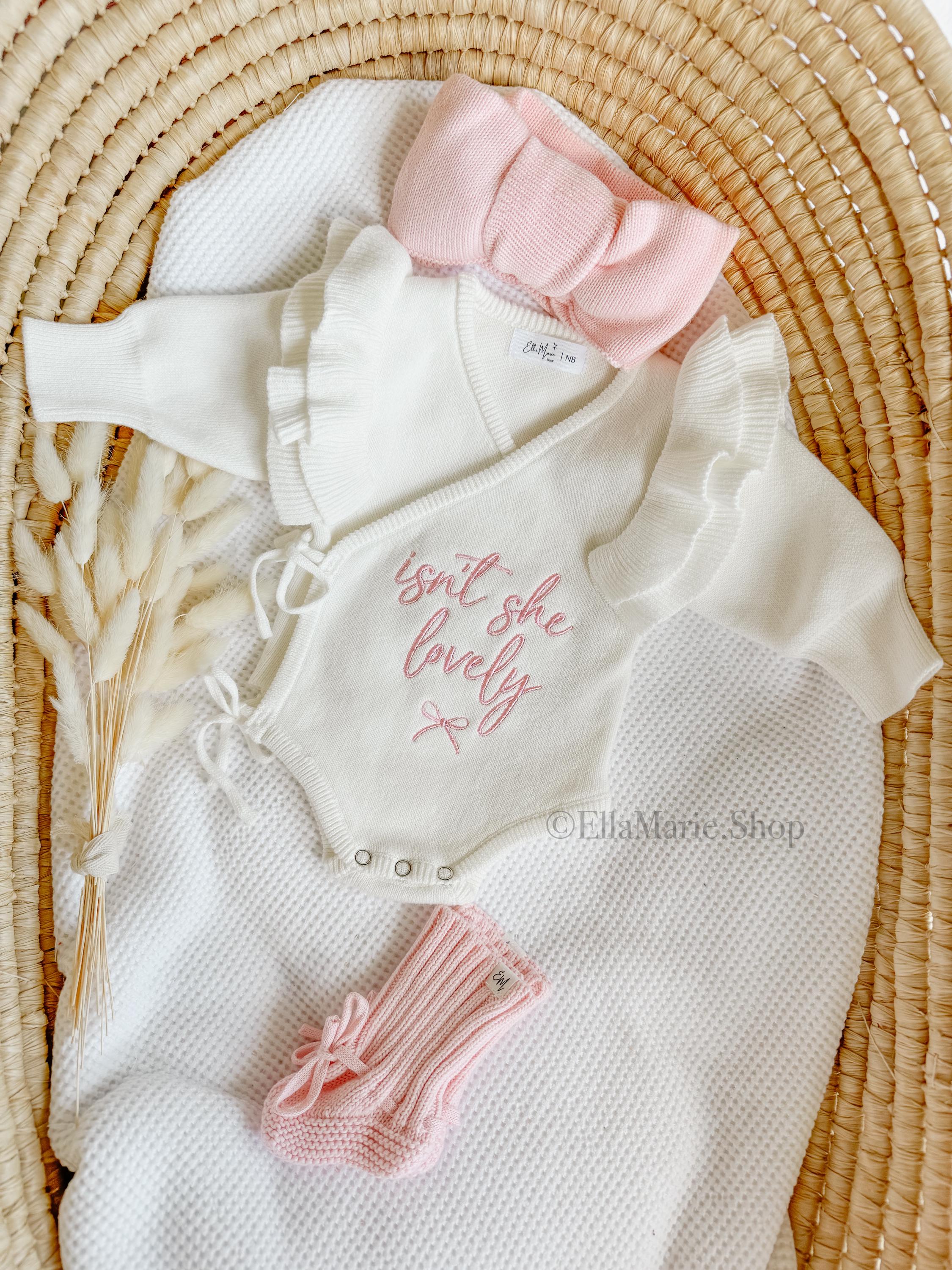 Newborn girl coming home outfit, isn’t she lovely, embroidered baby romper ruffle knit announcement, it’s a girl gender reveal she’s here