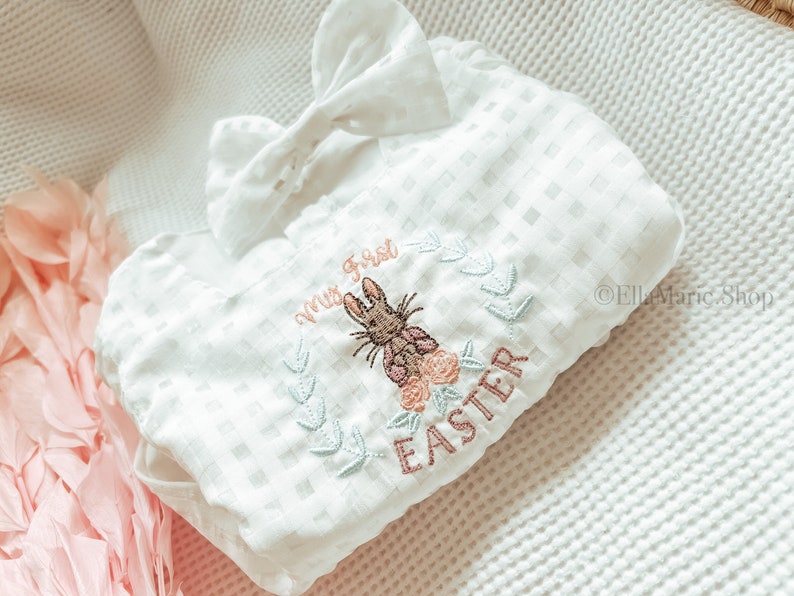 Baby Girl Easter Outfit, Easter Dress Toddler, Bunny Rabbit, Bow Headband, My First Easter, Embroidered Romper, Happy Easter, Spring Gift image 7