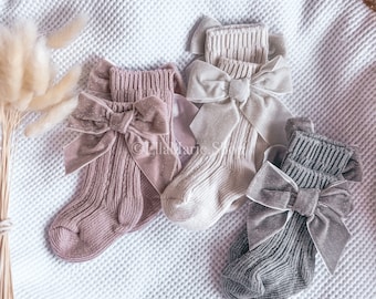 Baby girl socks, velvet bow knit sparkle, boho baby girl shower gift, first birthday, fall winter photoshoot formal outfit, toddler infant