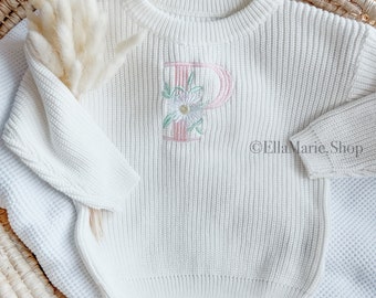 Embroidered baby name sweater, monogram daisy floral intial, custom baby name announcement, personalized baby shower gift, chunky knit