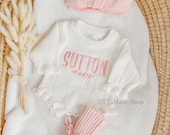 Embroidered name baby romper, newborn girl coming home knit ruffle outfit, custom birth name announcement, personalized baby shower gift