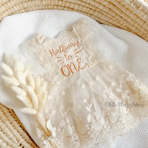 Halfway to One, Lace Dress Cake Smash Outfit, Half Birthday Photoshoot, Sitter Photography, Beige Dress, Personalized Embroidered Outfit