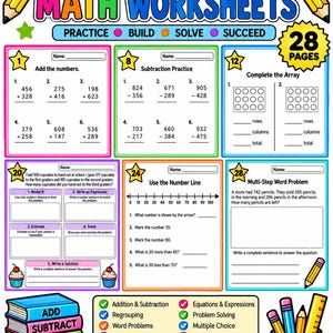 May include: A set of 28 math worksheets titled ColorByDC Math Worksheets featuring addition, subtraction, arrays, number lines, and word problems. The pages include colorful borders, pencil illustrations, and a list of topics like regrouping and equations.