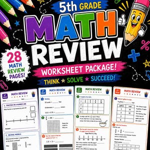 Peut inclure: Un ensemble de fiches d'exercices de mathématiques pour le niveau 5th Grade, illustré avec un crayon animé et des symboles mathématiques, présentant quatre exemples de pages sur les fractions, les décimales et les opérations, totalisant 28 pages.