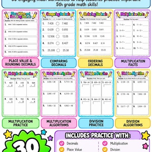 Puede incluir: Un paquete de 30 hojas de trabajo de matemáticas para 5th grade que incluye ejercicios sobre valor posicional, redondeo, comparación y ordenación de decimales, tablas de multiplicar, práctica de multiplicación y división.