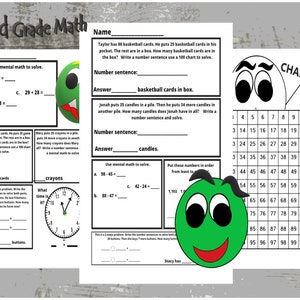 May include: A green worksheet with a cartoon face and a 100 chart. The worksheet is for 2nd grade math and includes problems involving addition, subtraction, and number sentences. The worksheet also includes a section for students to put numbers in order from least to greatest.
