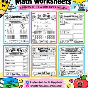 May include: A collection of 4th Grade Math Worksheets featuring 45 pages of educational content. The image displays six sample pages covering fractions, decimals, and estimation, decorated with cartoon pencils and apples, plus a stack of four books.
