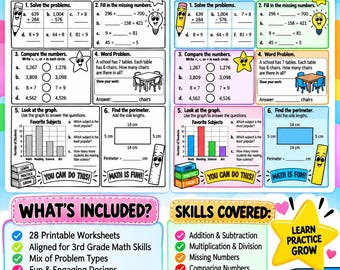 28 pages|2nd Grade Math Worksheets| Addition & Subtraction Math Sentences| Least To Greatest| Telling Time |Counting Money