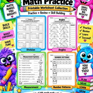 May include: A 4th Grade Math Practice printable worksheet collection featuring colorful monster illustrations, educational text, and four sample pages covering division, angles, measurement, and number patterns with various math problems and diagrams.