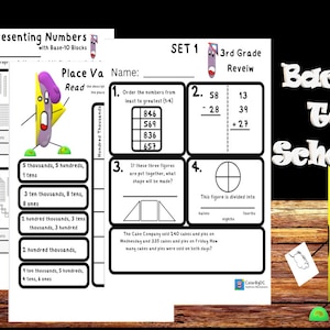 May include: A printable worksheet for 3rd grade math review. The worksheet includes problems on place value, ordering numbers, subtraction, addition, and geometry. The worksheet is titled "Set 1 3rd Grade Review" and features a cartoon character.