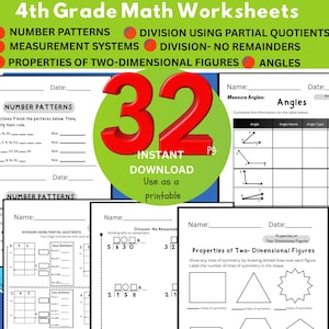 Puede incluir: Hojas de trabajo de matemáticas de 4º grado con temas como patrones numéricos, división, sistemas de medición y ángulos. Las hojas de trabajo están disponibles para descarga instantánea e impresión. El número "32" es prominente.