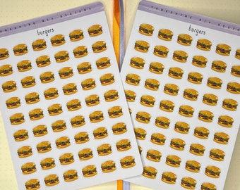 Burger planner stickers. Hamburger, beefburger, takeaway, take–out, fast food planning reminder sticker sheet for bullet journaling