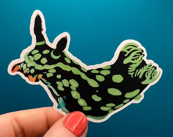 Waterproof vinyl sticker. Green and black spotted sea slug, nudibranch