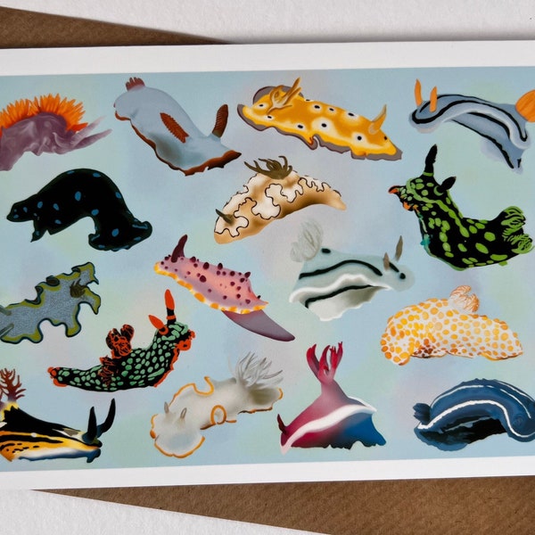 Carte de voeux de limace de mer, nudibranche, carte d'anniversaire colorée de sealife