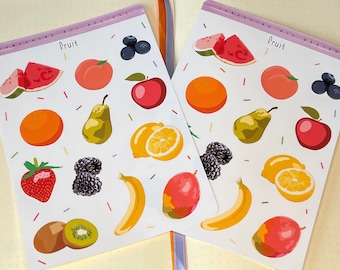 Fruit waterproof vinyl sticker sheet. Melon, kiwi, mango, peach, apple, blueberry, blackberry, lemon, gift for kids