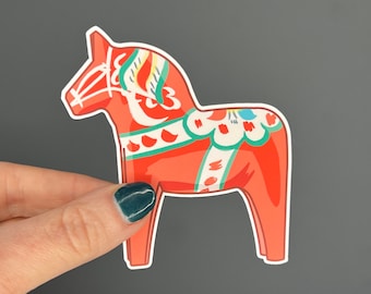 Waterproof vinyl sticker, red Dala horse, Dalecarlian horse, Swedish wooden horse