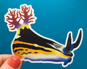 Waterproof vinyl sticker. Yellow, black, blue, sea slug, nudibranch