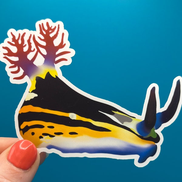 Waterproof vinyl sticker. Yellow, black, blue, sea slug, nudibranch