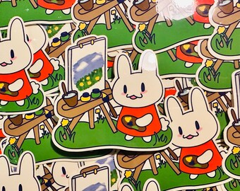 Rabbit Babies Learn To Paint Waterproof Vinyl Sticker - Kawaii Bunny Artist Sticker