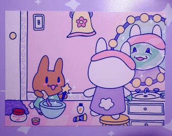 May include: A whimsical illustration depicts bunny characters in a bathroom setting. One bunny mixes ingredients in a bowl with a magic wand, while another looks in a mirror. The scene is filled with cosmetic items and a floral-shaped towel.