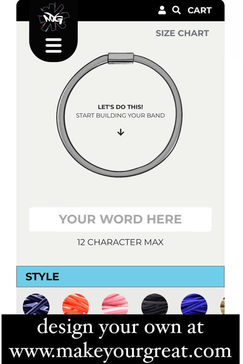 Op de afbeelding: Maak een armband met je eigen woord, maximaal 12 tekens. Kies uit verschillende kleuren en stijlen. De website is www.makeyourgreat.com.