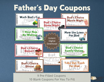Father's Day Coupon Book Printable, Gift from Kids to Dad, Birthday Coupons for Dad, Father's Day Gift for Dad, PDF Coupon Book